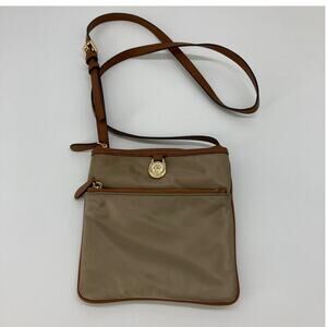 Michael Kors small tan, brown nylon and leather trim crossbody bag